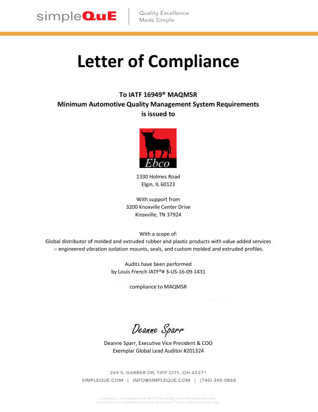 IATF 16949 MAQMSR Letter of Compliance
